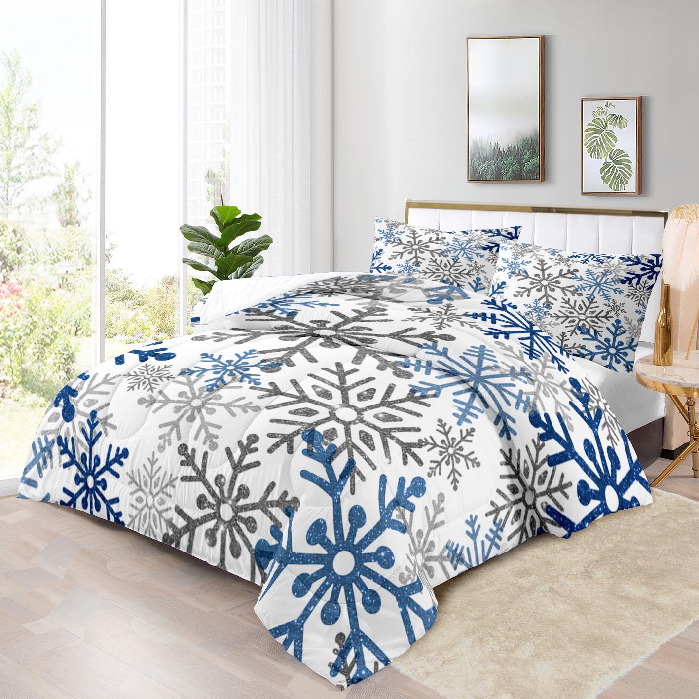 Amazon.com: Yilinata Blue Snowflake Comforter Set Winter Christmas